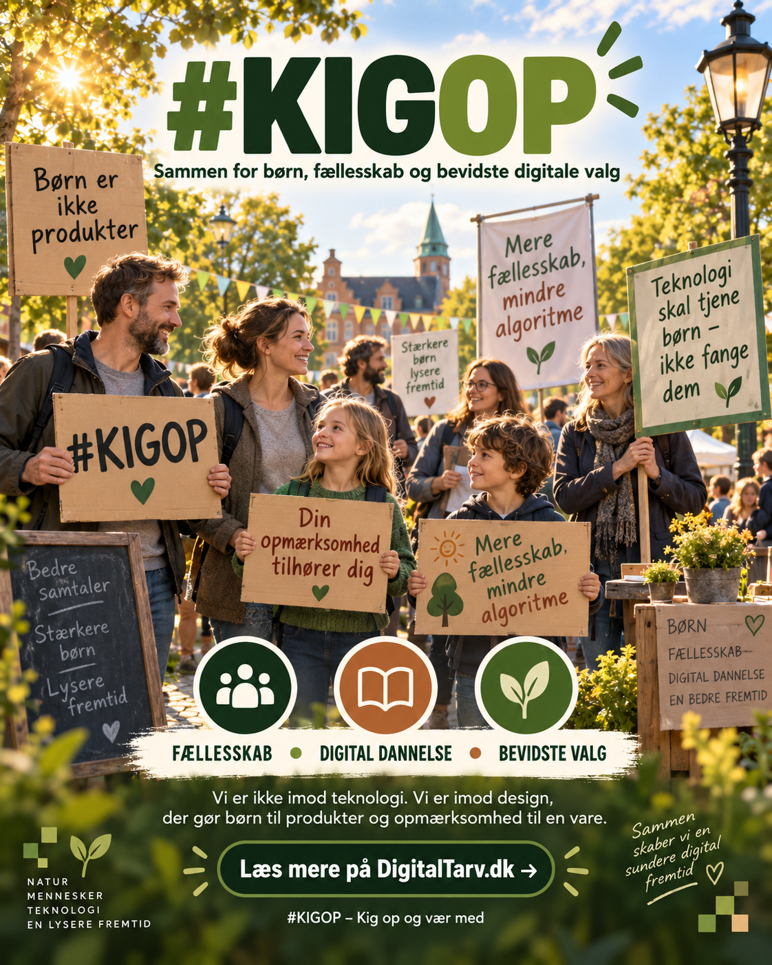 Illustration af et fredeligt #KIGOP-fællesskab med fokus på børn, digital dannelse og bevidste valg